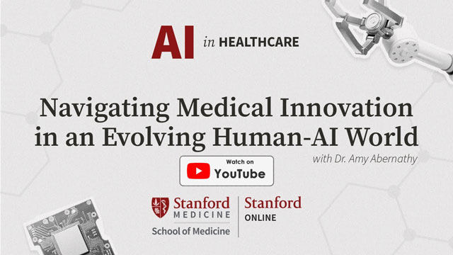The podcast intro screen for the Stanford Online AI Longevity and the Future of Healthcare